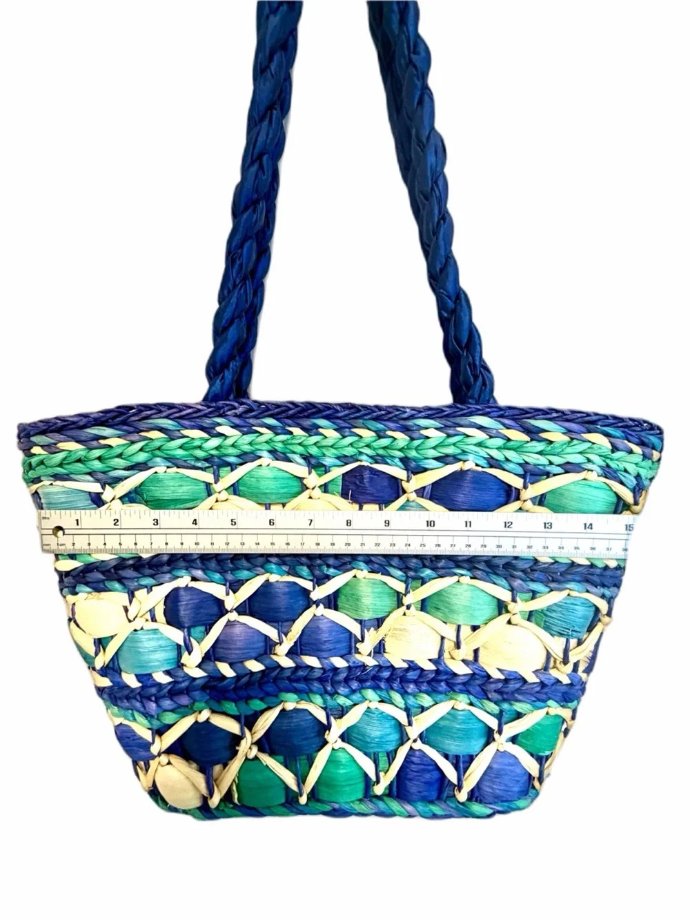 Cappelli Straworld Blue, Green & Cream Woven Straw Tote